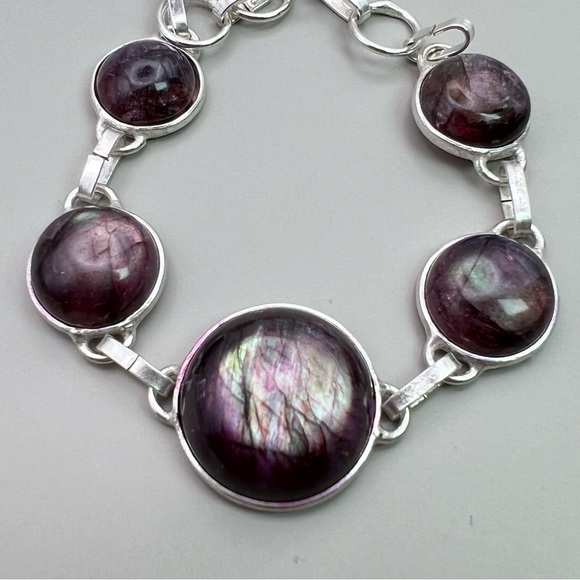 New Purple Enhanced Labradorite Stone Silver Overlay Bracelet 6” - 7.5” - Picture 2 of 8